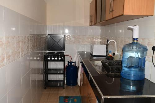 a kitchen with a sink and a water bottle on the counter at Anuka Luxury in Mombasa