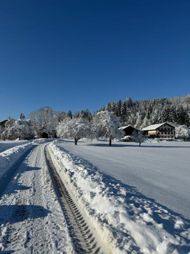 a snow covered road with footprints in the snow at falternhof loft - geschichte trifft auf design in Höslwang