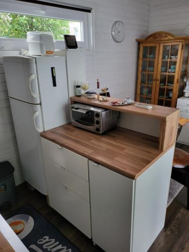 a kitchen with a counter with a microwave and a refrigerator at Tiny House im Kremstal in Micheldorf in Oberösterreich