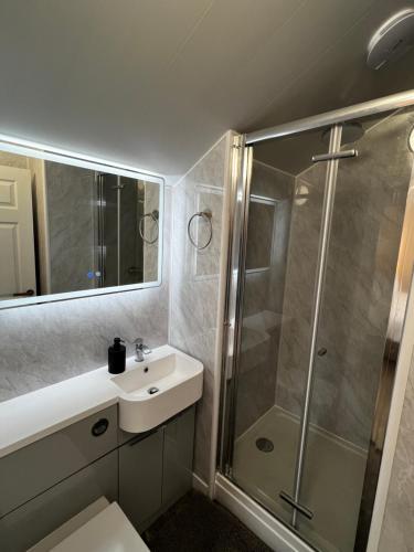 un baño con lavabo y ducha en Saltburn Sea Front Penthouse South, en Saltburn-by-the-Sea