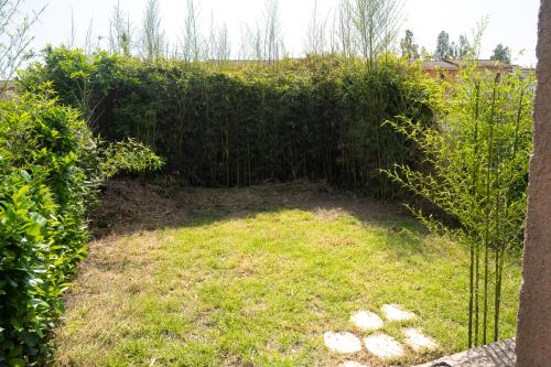 a garden with a hedge and a grass field at maison climatisée fibrée 2 chambres à 9 min à pieds d'une grande plage in Venzolasca