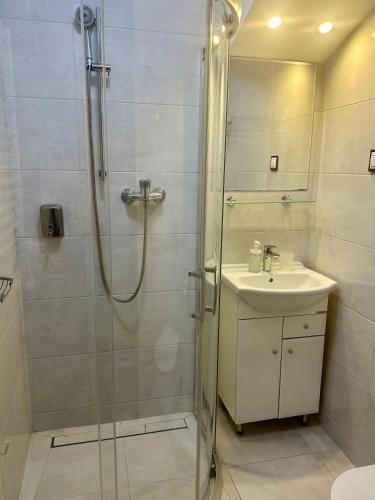 a bathroom with a shower and a sink at Villa Baltic Dream in Międzyzdroje