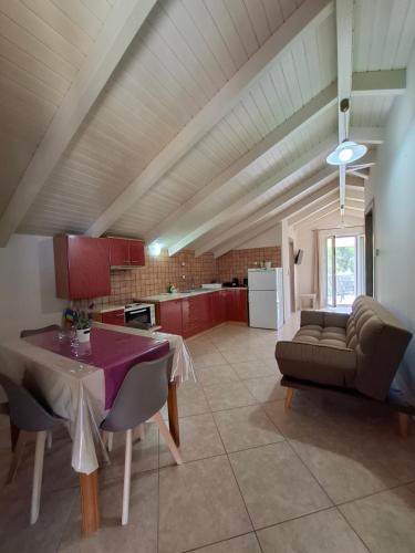 a kitchen and living room with a table and a couch at Victoria's Apartments in Dilináta