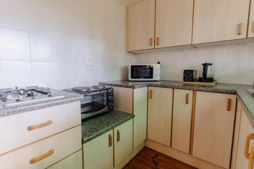 a small kitchen with a sink and a microwave at Highlands Lodge Mountain Retreat in George
