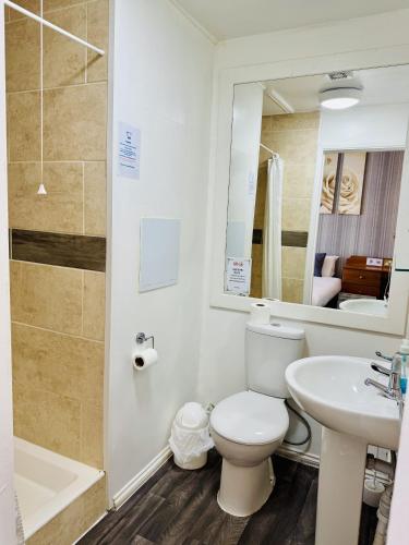 a bathroom with a toilet and a sink and a mirror at Carlton Court Hotel Eastbourne in Eastbourne