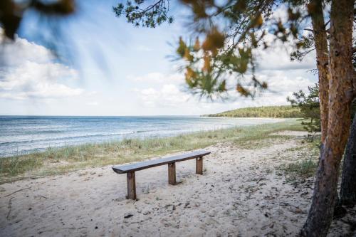a bench sitting on a sandy beach near the ocean at Rahusalu Calm in Laulasmaa