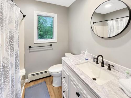 a bathroom with a sink and a mirror at Sugar Hollow home in Chittenden