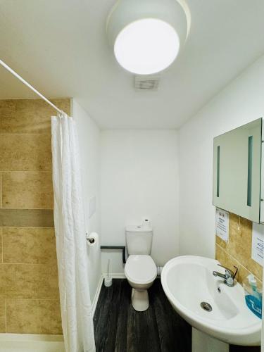 a bathroom with a toilet and a sink at Carlton Court Hotel Eastbourne in Eastbourne