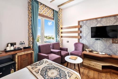 a living room with purple chairs and a flat screen tv at PRIME LAND in Varanasi