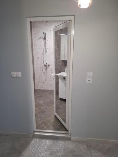 a bathroom with a glass door leading to a toilet at Apartment Active Sport in Pazardzhik
