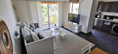 un salon avec un canapé, une télévision et une table dans l'établissement Spacieux 2 pièces avec terrasse, clim et parking, à Antibes