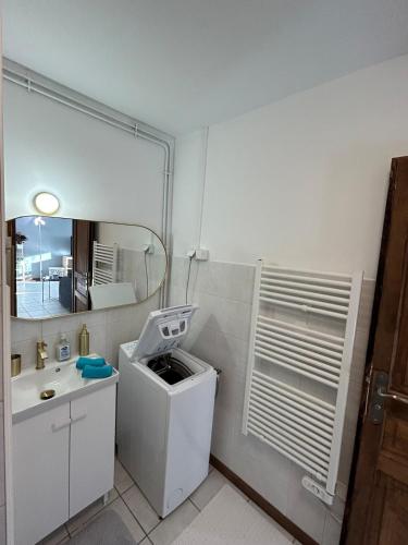 une salle de bain avec un lavabo et un miroir dans l'établissement Maison lumineuse à Lens avec parking gratuit, à Lens