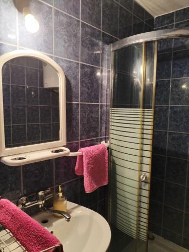 a bathroom with a sink and a mirror and pink towels at Sobe-apartmani Gorica in Sutomore