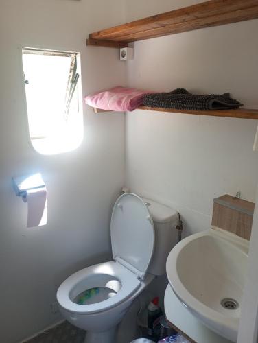 une petite salle de bain avec toilettes et lavabo dans l'établissement Mobil-Home avec piscine et jardin 1500 m2, à Valras-Plage