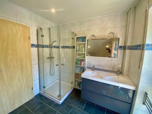 ein Badezimmer mit Dusche, Badewanne und Waschbecken in der Unterkunft Ferienhaus am Waldrand Village Holiday home in Bobenheim am Berg