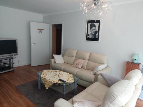 a living room with a couch and a table at 2-Zimmerwohnung, 80qm mit Terrasse und großem Garten bei Frankfurt am Main in Bad Vilbel