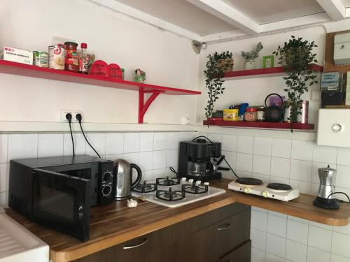une cuisine avec un micro-ondes et une cuisinière dans l'établissement Studio proche forêt, à Jouy-en-Josas