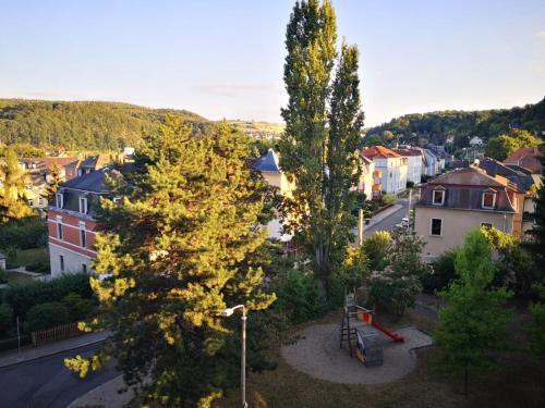 a view of a town with trees and a street at Ferienwohnung Villa Grützner in Freital