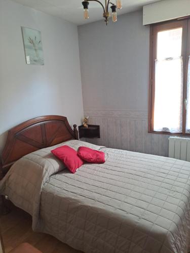 a bedroom with a large bed with red pillows on it at Idéal , Plein centre-ville tout confort in Espalion