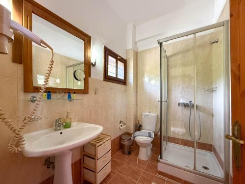 a bathroom with a sink and a shower and a toilet at Pliades Traditional Guesthouse in Palaios Panteleimon