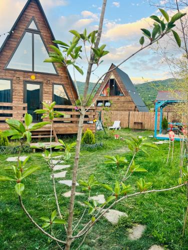 a wooden house in the middle of a yard at Oda Riverside Cottages in Aragvispiri