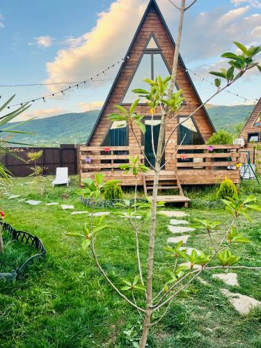 a cabin with a thatched roof in the grass at Oda Riverside Cottages in Aragvispiri