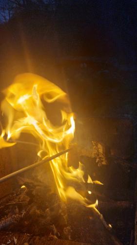 a fire is burning in a grill with a stick at Casa Noastră in Vidra