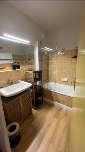 une salle de bain avec un lavabo et une baignoire dans l'établissement Appartement aux pieds des pistes, à Les Deux Alpes