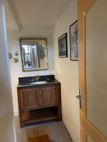 une salle de bain avec un lavabo et un miroir dans l'établissement La vie à la campagne, à Auzits