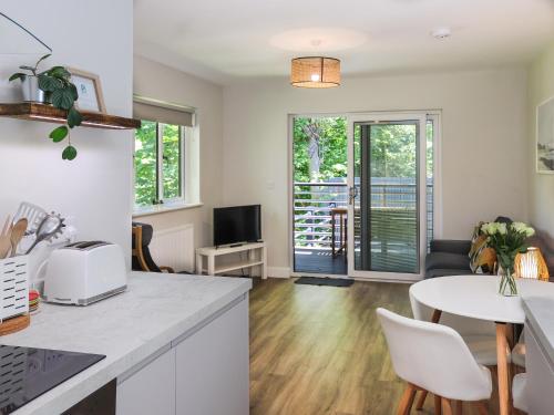 a kitchen and living room with a table and a tv at Dinas Lodge - Uk47607 in Caernarfon