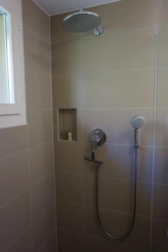 a shower with a shower head in a bathroom at Ruhe-Oase mit traumhafter Sicht auf den Vierwaldstättersee in Weggis