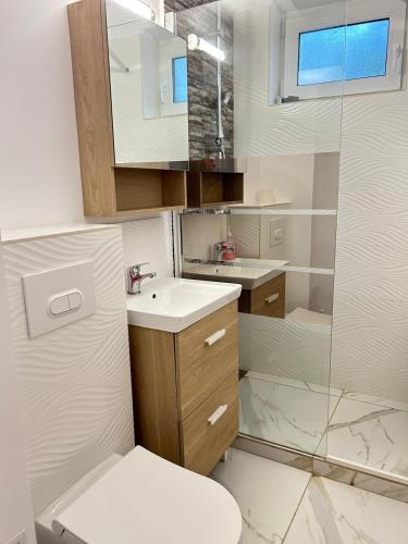 a bathroom with a toilet and a sink and a shower at Apartament Tomis Nord in Constanţa