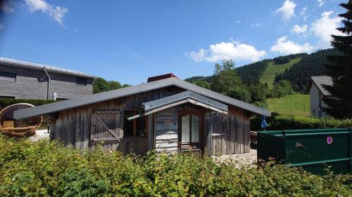 une petite maison en bois avec une montagne en arrière-plan dans l'établissement Les pagotins de Garance, Chalet Jura 39, avec sauna panoramique, à Métabief