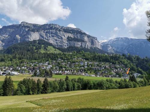 a town on a hill in front of a mountain at Mountain View - Trek, Bike, Ski, Lake in Flims