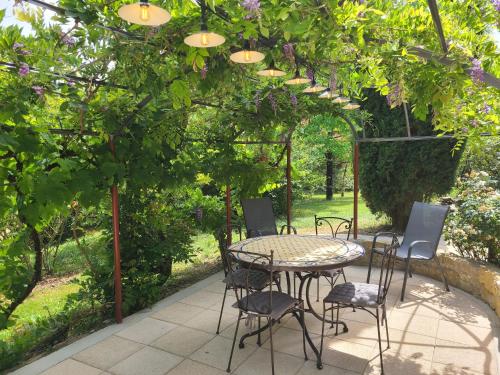a patio with a table and chairs under a pergola at - - - - -Les Colombages - - - - Chambre d'hôtes-Gîte- Classement Gîte 3 étoiles in Mirepoix