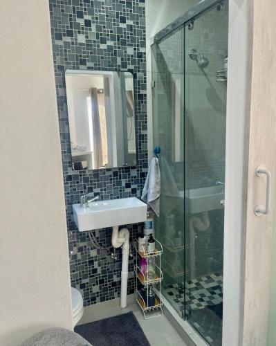a bathroom with a sink and a glass shower at Antonella's in Edenvale