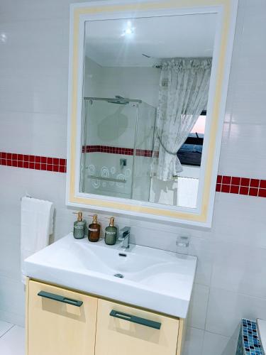 a bathroom with a white sink and a mirror at Ambience on N2 Boutique Hotel in Kokstad