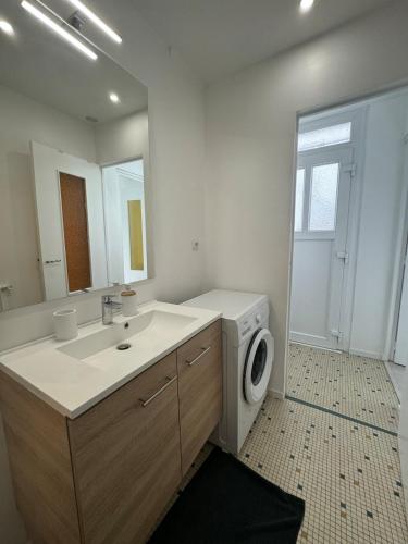 une salle de bain avec un lavabo et une machine à laver dans l'établissement Charmant T2, cosy et calme, à 15 minutes de Paris, à Argenteuil