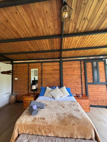 a bedroom with a large bed with a wooden ceiling at Cabaña Montecielo San Rafael in San Rafael