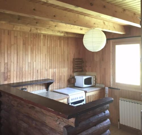 une cuisine avec une cuisinière et un micro-ondes dans l'établissement All-wood chalet in Haute-Savoie, à Nancy-sur-Cluses