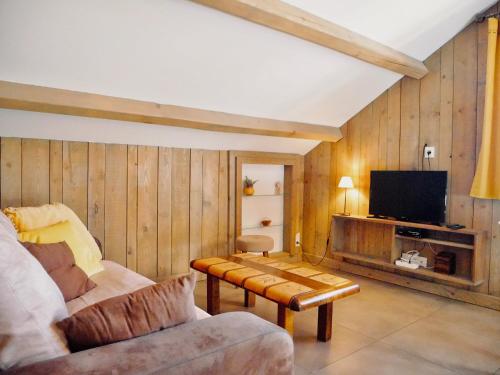 un salon avec un canapé et une télévision dans l'établissement Ecogite Mercantour Ô Perché, à La Colmiane