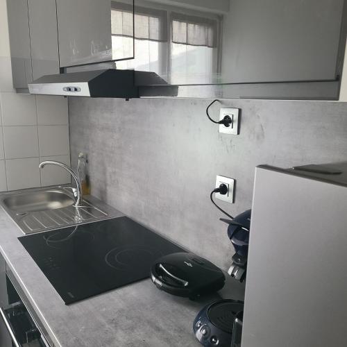 une cuisine avec un évier et un plan de travail dans l'établissement Appartement Brest proximité gare et centre, à Brest