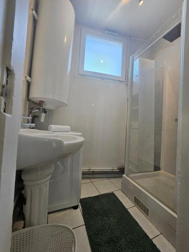 une salle de bain blanche avec un lavabo et une douche dans l'établissement Le Galliéni Hyper Centre, au Havre