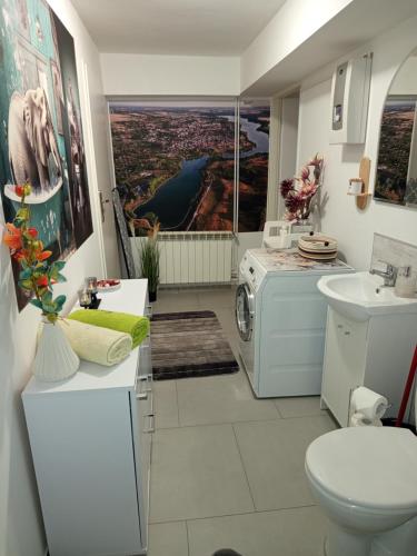 a bathroom with a sink and a washing machine at Mieszkanie do wynajęcia w Centrum in Olecko