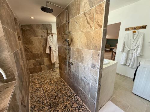 une salle de bain avec douche et lavabo dans l'établissement Le Mas des Baux, à Bédoin