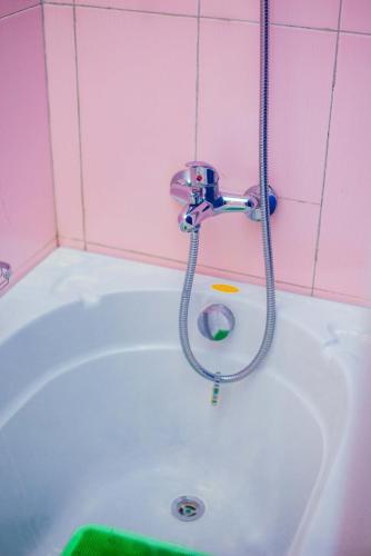 a bath tub with a shower in a pink bathroom at Forever Hotel and Suites in Owerri