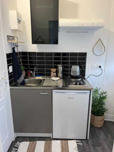 une cuisine avec un évier et un plan de travail dans l'établissement Beautiful T1 Bordeaux apartment with balcony, à Talence