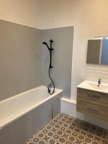 une salle de bain avec une baignoire et un lavabo dans l'établissement Beautiful apartment Bordeaux Bagatelle, à Talence