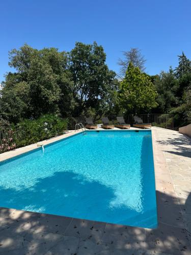 une piscine bleue avec des chaises et des arbres dans l'établissement Villa Hass, à Mandelieu-la-Napoule