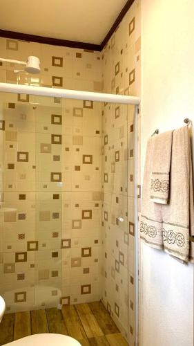 un baño con ducha y WC en Encanto das Araucárias II, en Campos do Jordão
